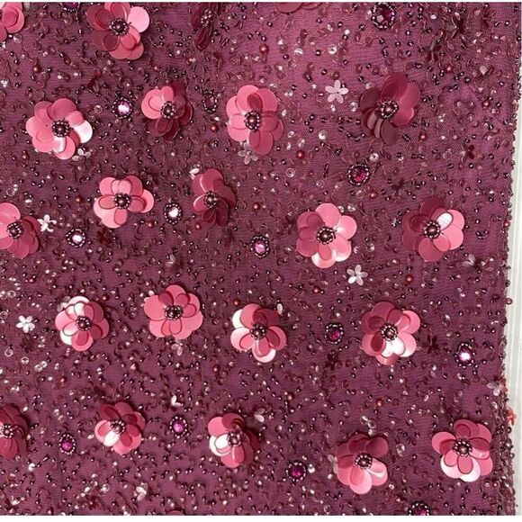 Adrianna Papell Sz 6 Floral 3D Sequin Ball Gown Maroon Sparkle High Slit Formal - Picture 11 of 16
